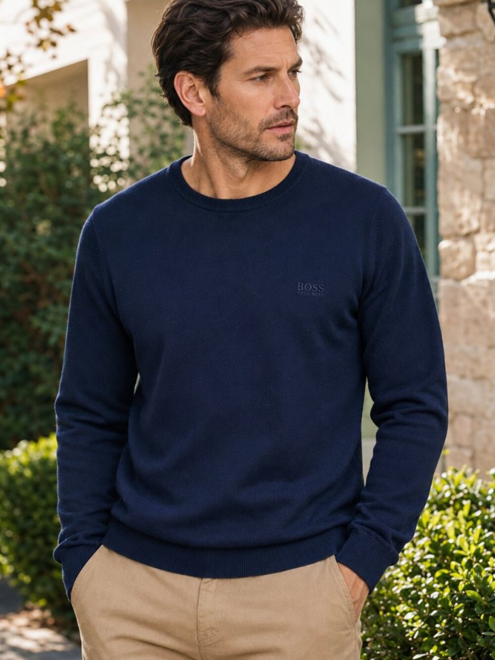 Hugo Boss Dark Navy Fine Knit Crewneck Sweater Men’s Sz 52 Cotton Luxury Minimal